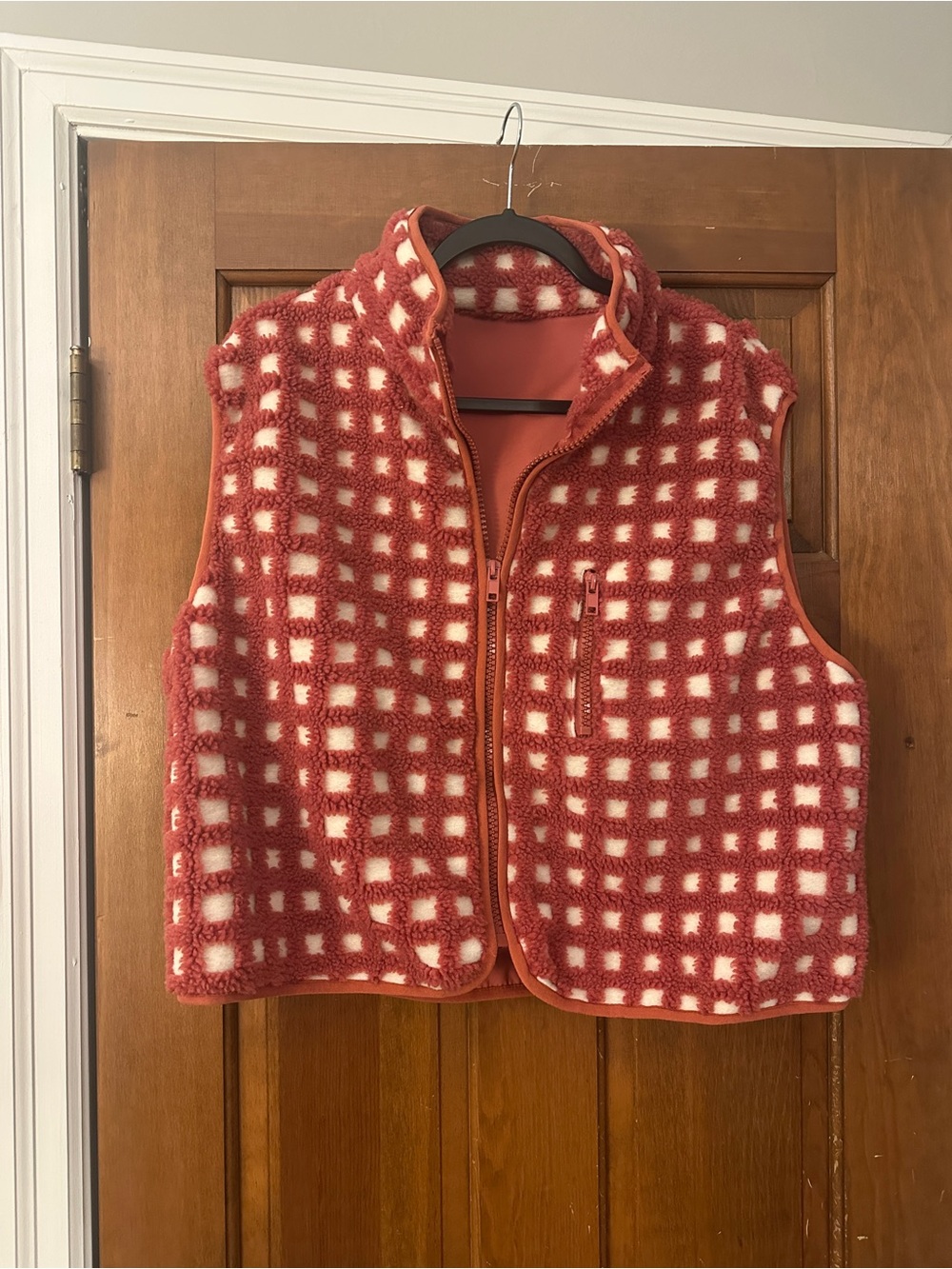 Amazon Red and White Check Fleece Vest